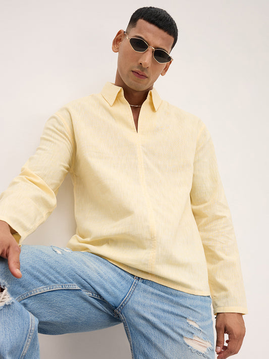 Dazzling Yellow Textured Center Seam Oversized Polo Shirt