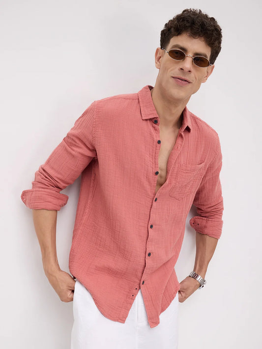Dusty Coral Crinkled Double Cloth Shirt