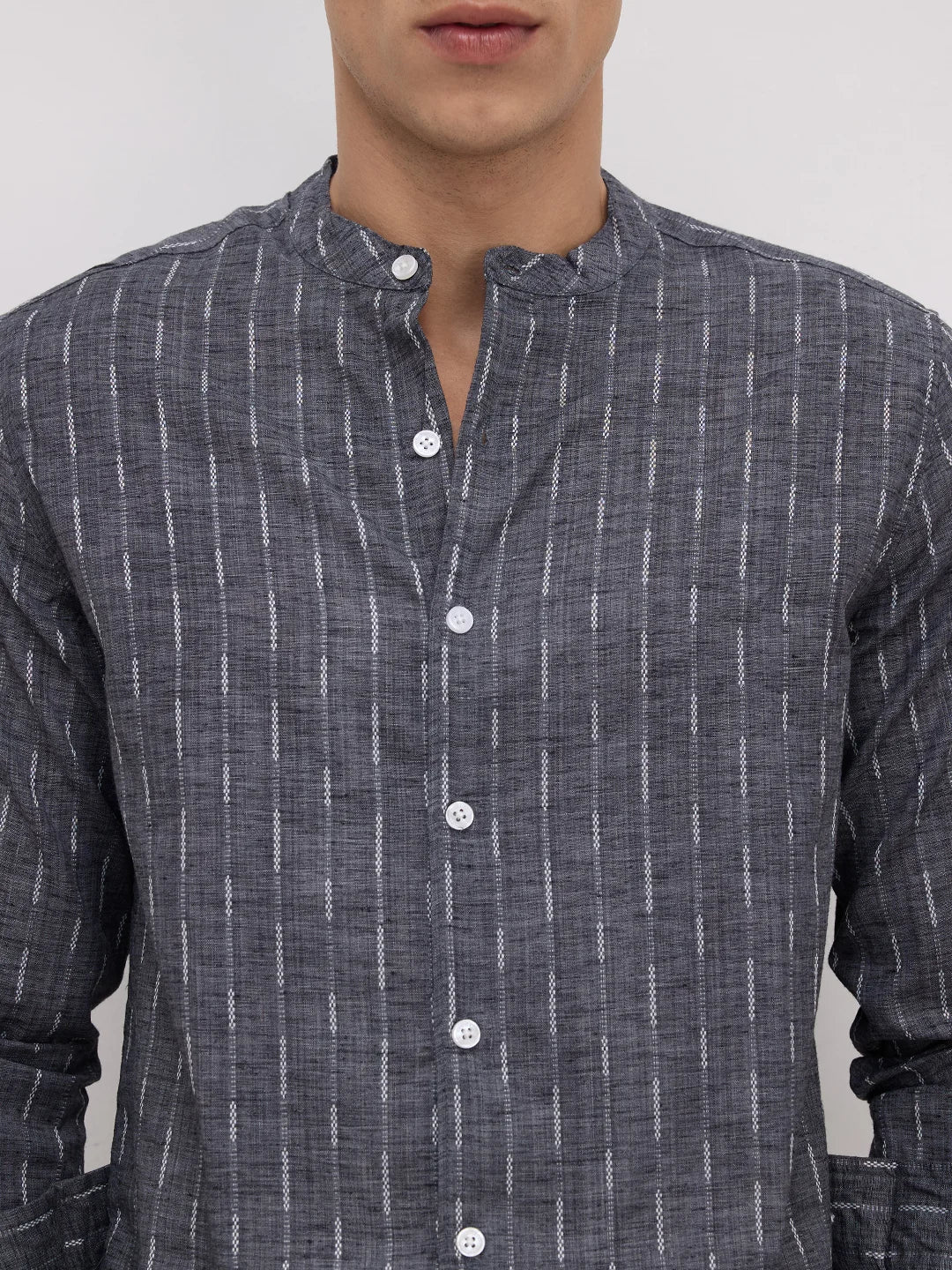 Charcoal Black Shadowweft Striped Mandarin Shirt