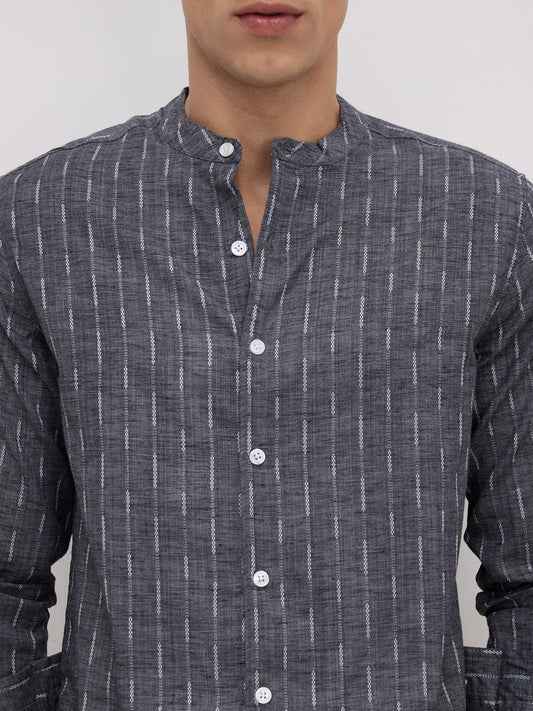 Charcoal Black Shadowweft Striped Mandarin Shirt