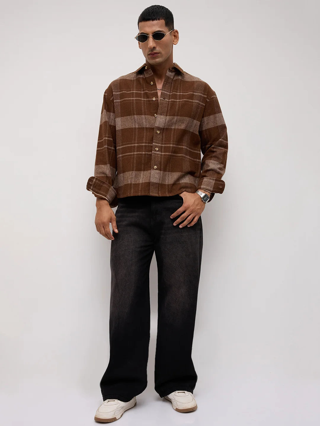 Brown & Beige Twill Checks Boxy Fit Crop Shirt