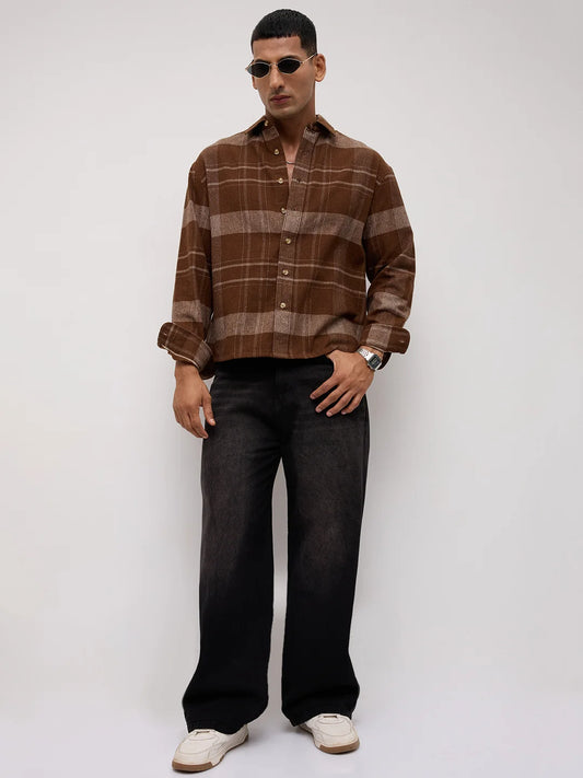 Brown & Beige Twill Checks Boxy Fit Crop Shirt