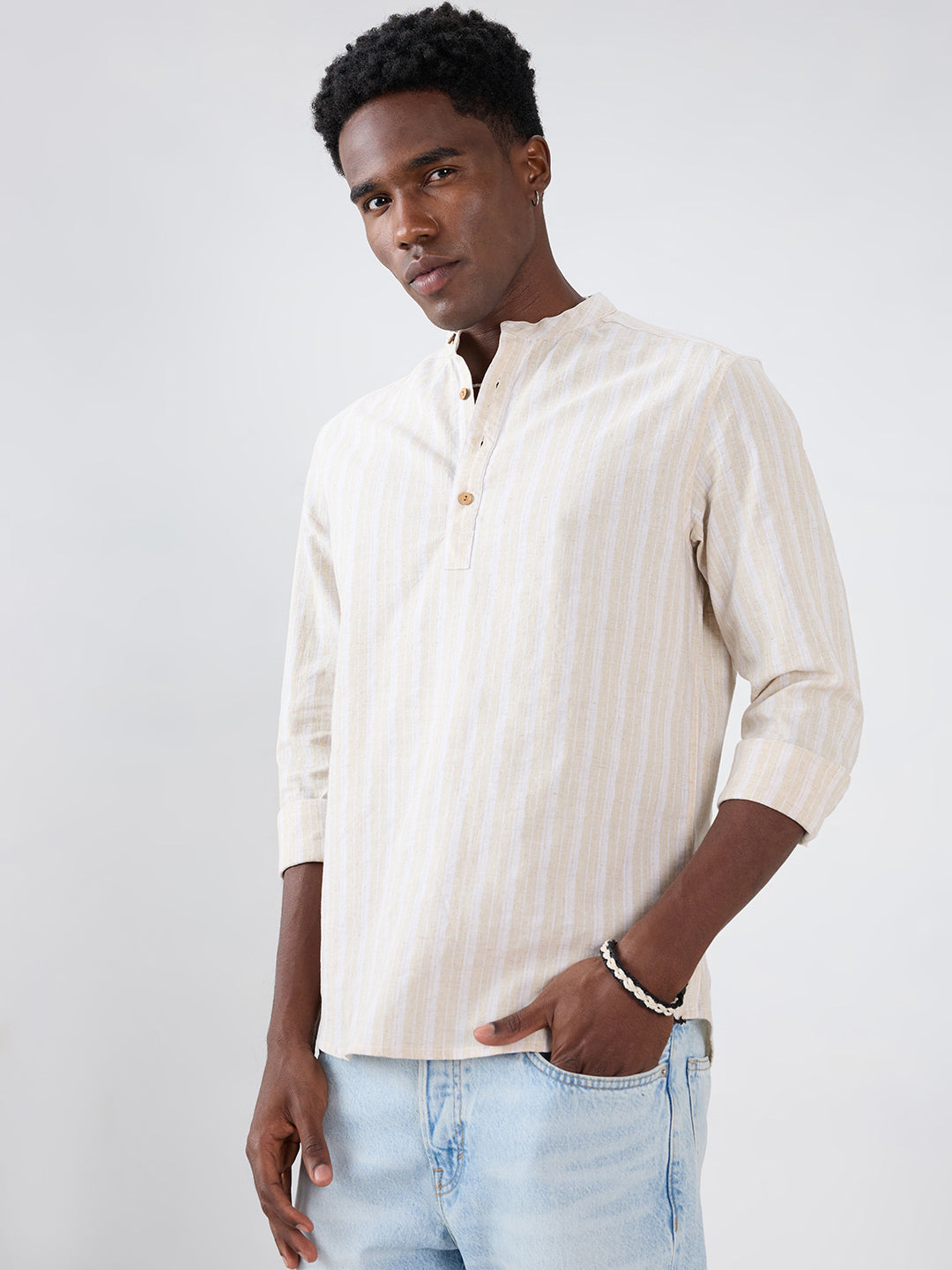 Natural Beige Fiber Grain Striped Weave Linen Blend Kurta
