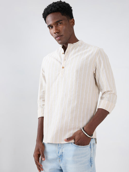 Natural Beige Fiber Grain Striped Weave Linen Blend Kurta
