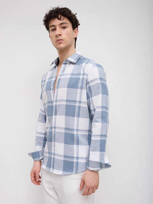 Timeless Slate Blue & White Plaid Checks Shirt