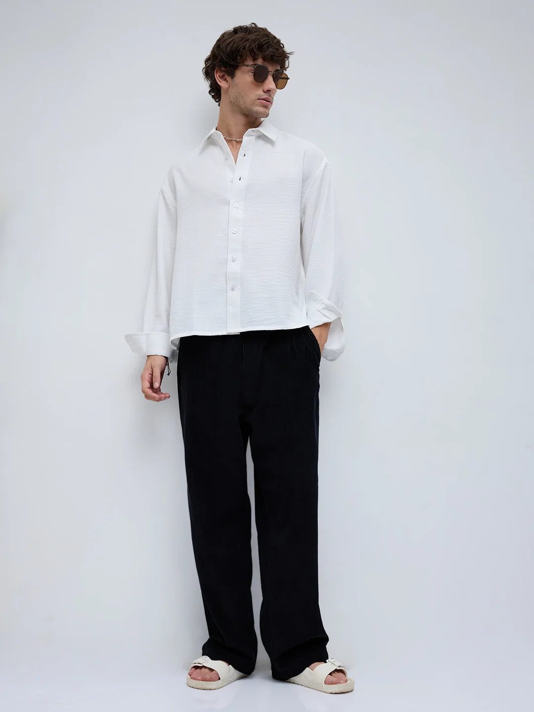 Snow White Crinkled Weave Boxy Fit Crop Shirt