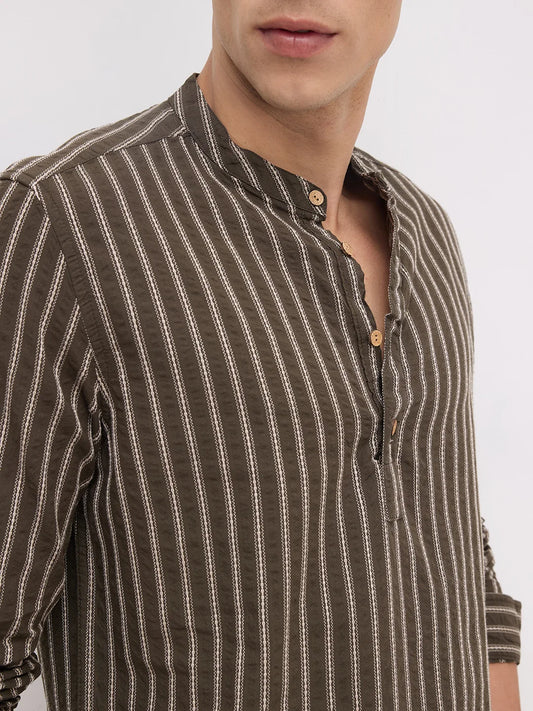 Elegant Olive Motif Striped Embroidered Kurta