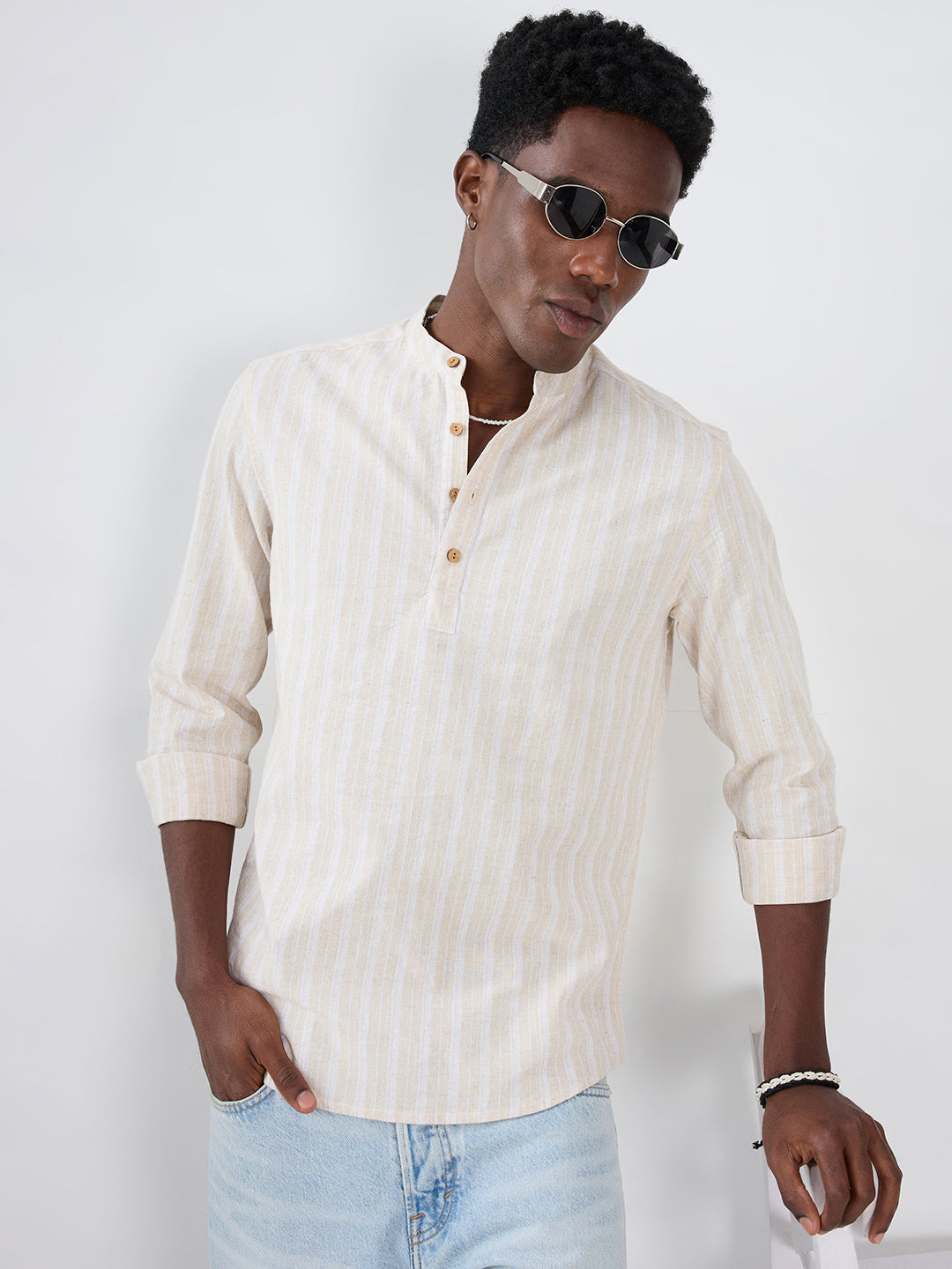 Natural Beige Fiber Grain Striped Weave Linen Blend Kurta