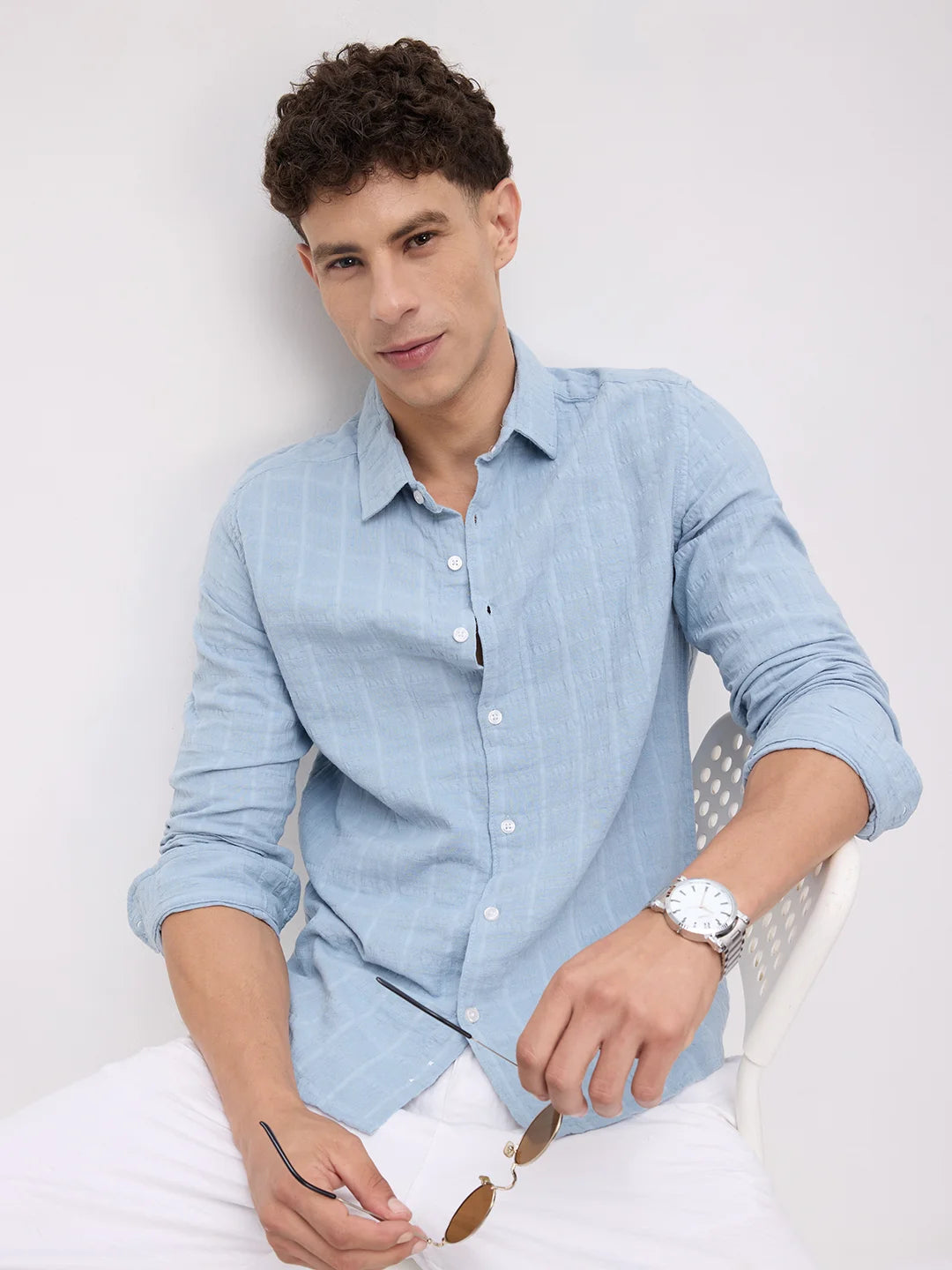 Premium Ice Mist Grid Emboss Double Cloth Shirt