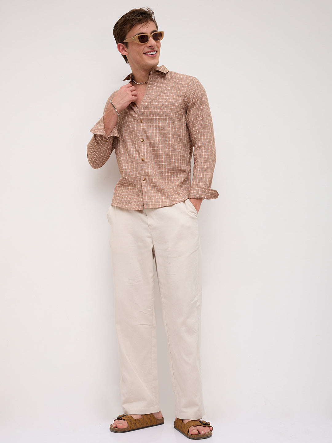 Rustic Brown Embroidery Grid Checks Shirt