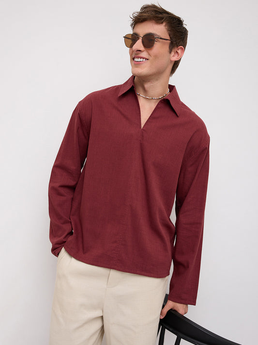 Maroon Slub Textured Center Seam Oversized Polo Shirt