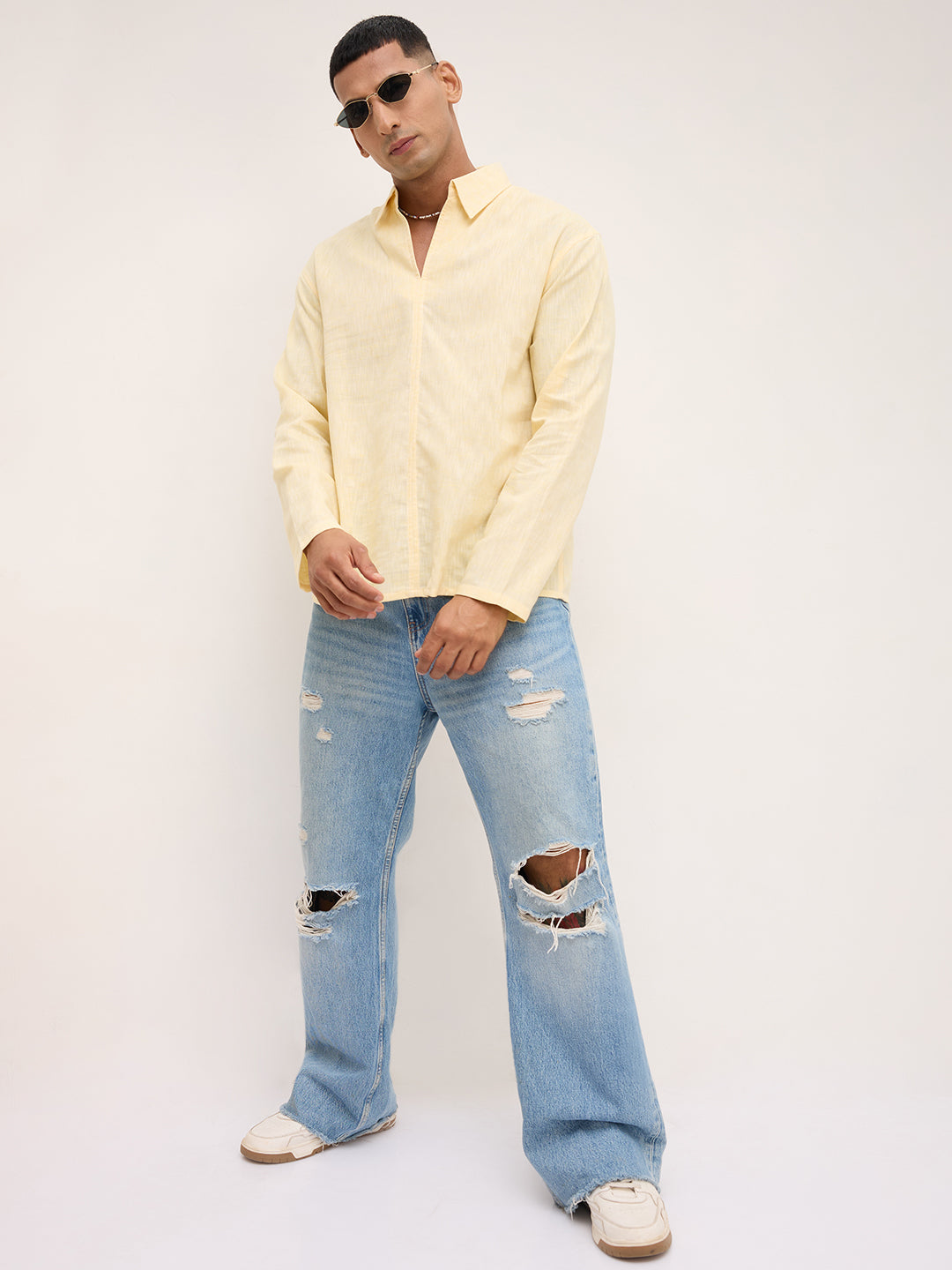 Dazzling Yellow Textured Center Seam Oversized Polo Shirt