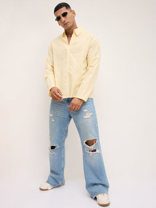 Dazzling Yellow Textured Center Seam Oversized Polo Shirt