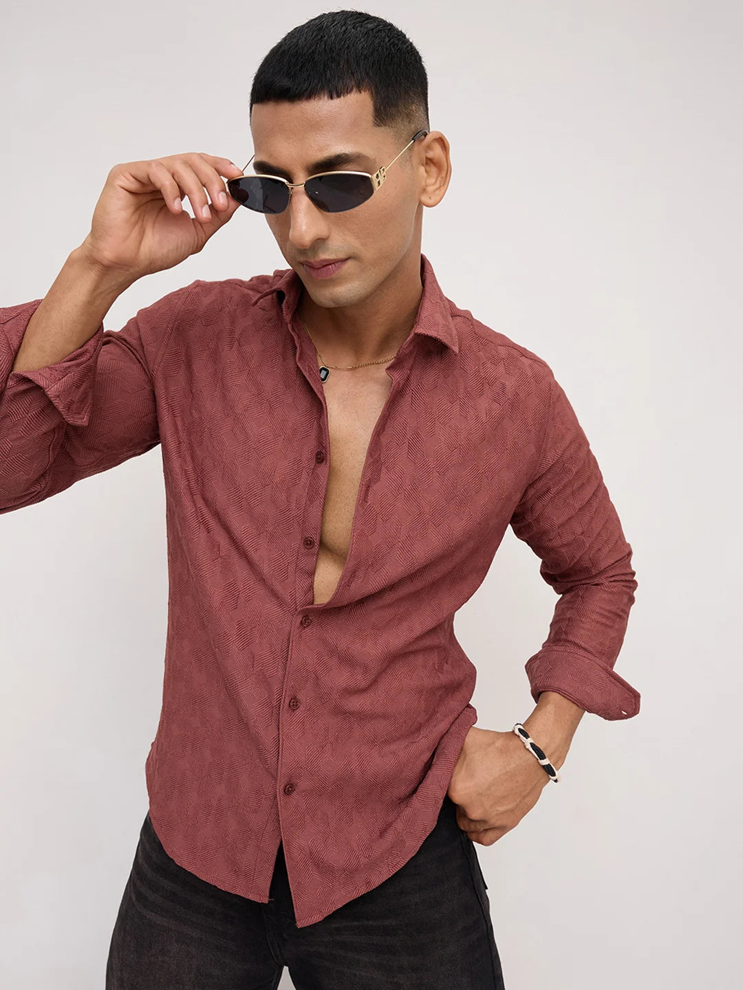 Rustic Brown Crosshatch Textured Shirt
