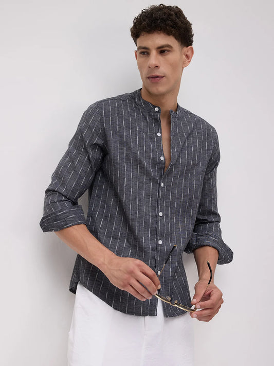 Charcoal Black Shadowweft Striped Mandarin Shirt