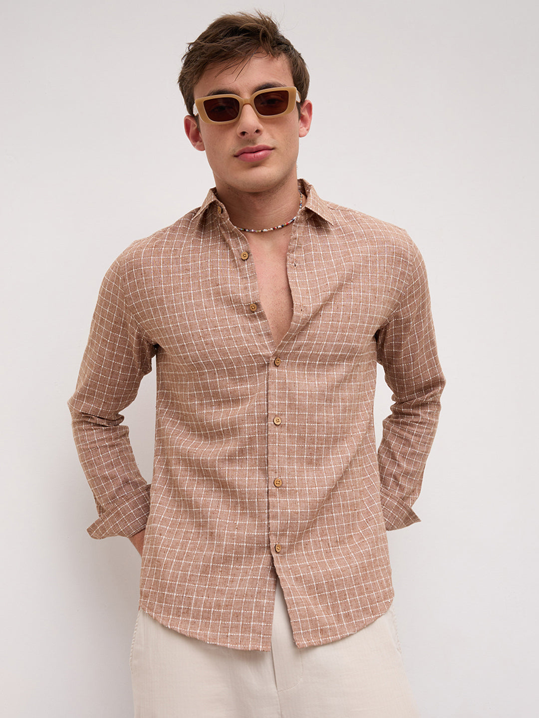 Rustic Brown Embroidery Grid Checks Shirt
