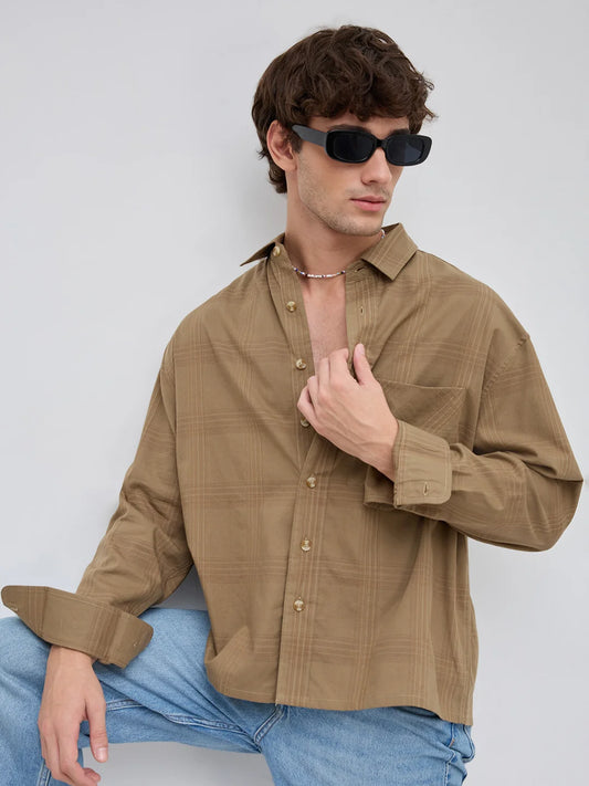  Brown Plaid Checks Boxy Fit Crop Shirt