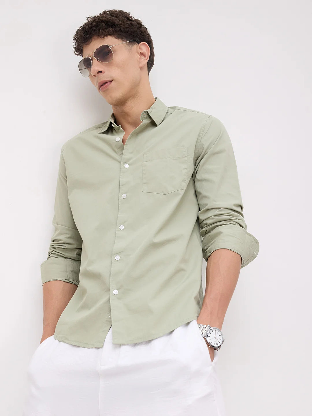 Plush Asparagus Green Peach Finish Poplin Shirt