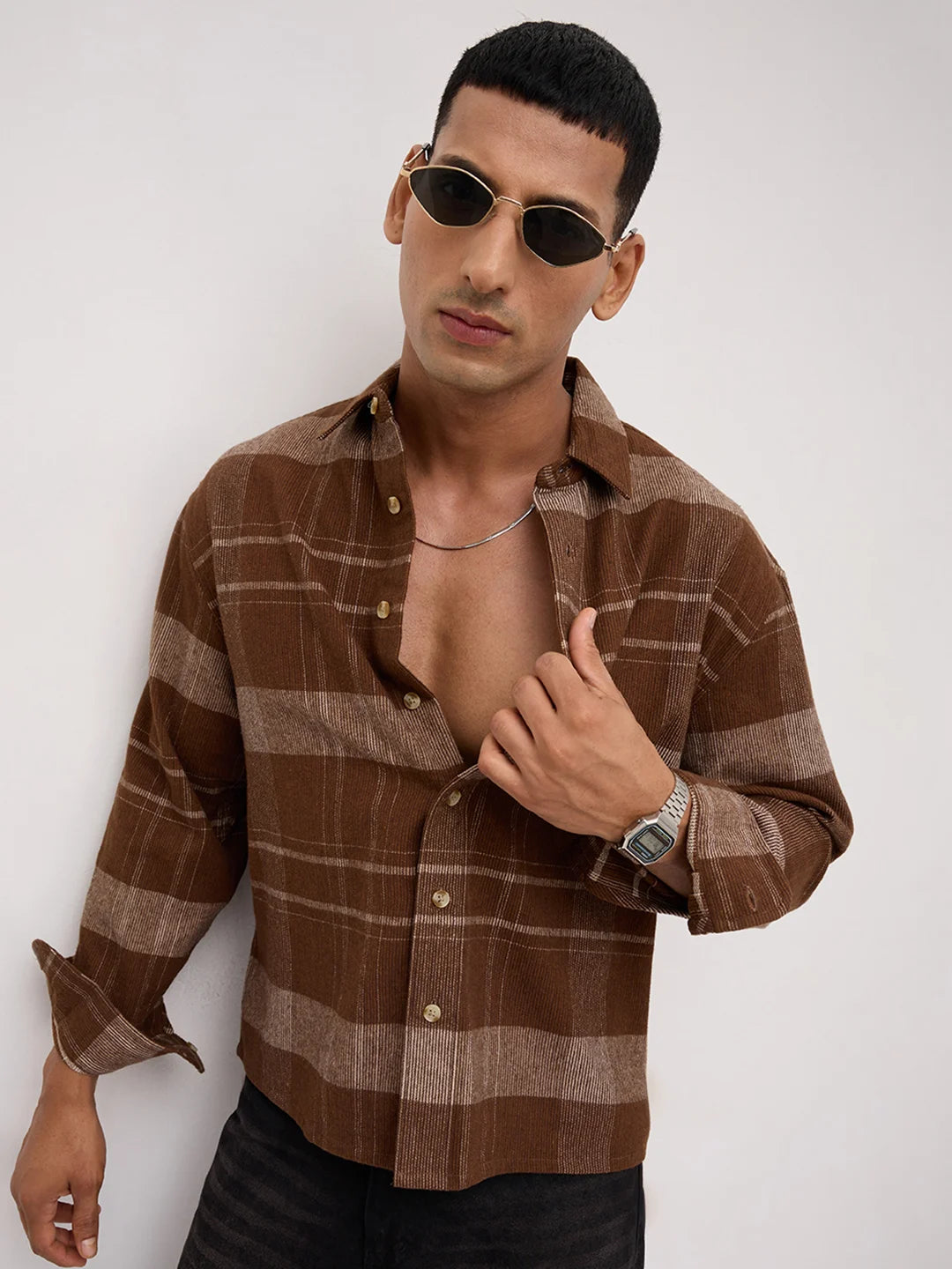 Brown & Beige Twill Checks Boxy Fit Crop Shirt