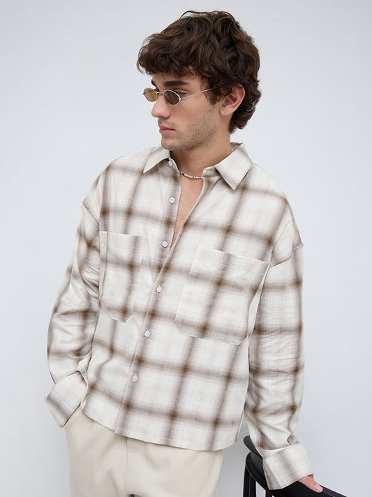 Beige & Brown Twin Pocket Boxy Fit Crop Shirt