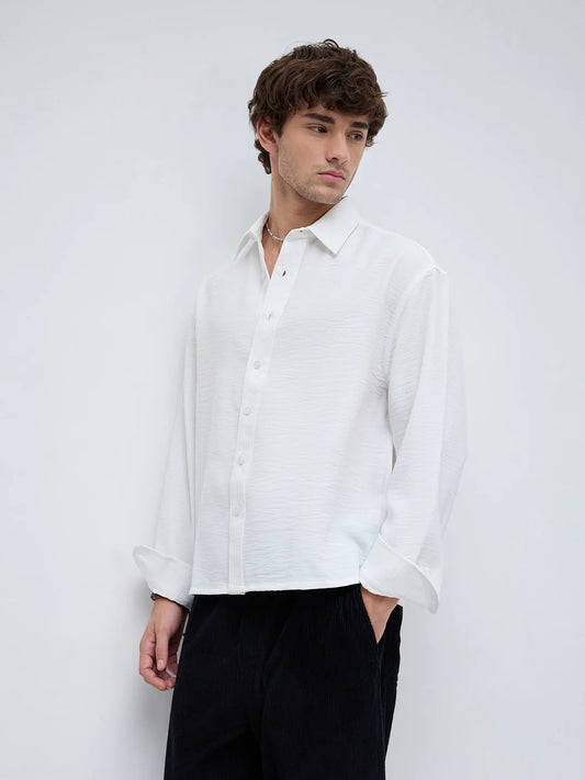 Snow White Crinkled Weave Boxy Fit Crop Shirt