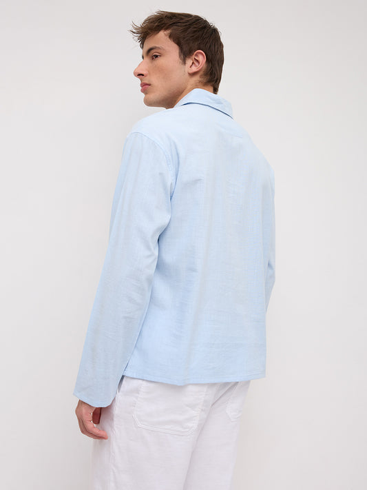 Refreshing Blue Slub Textured Center Seam Oversized Polo Shirt