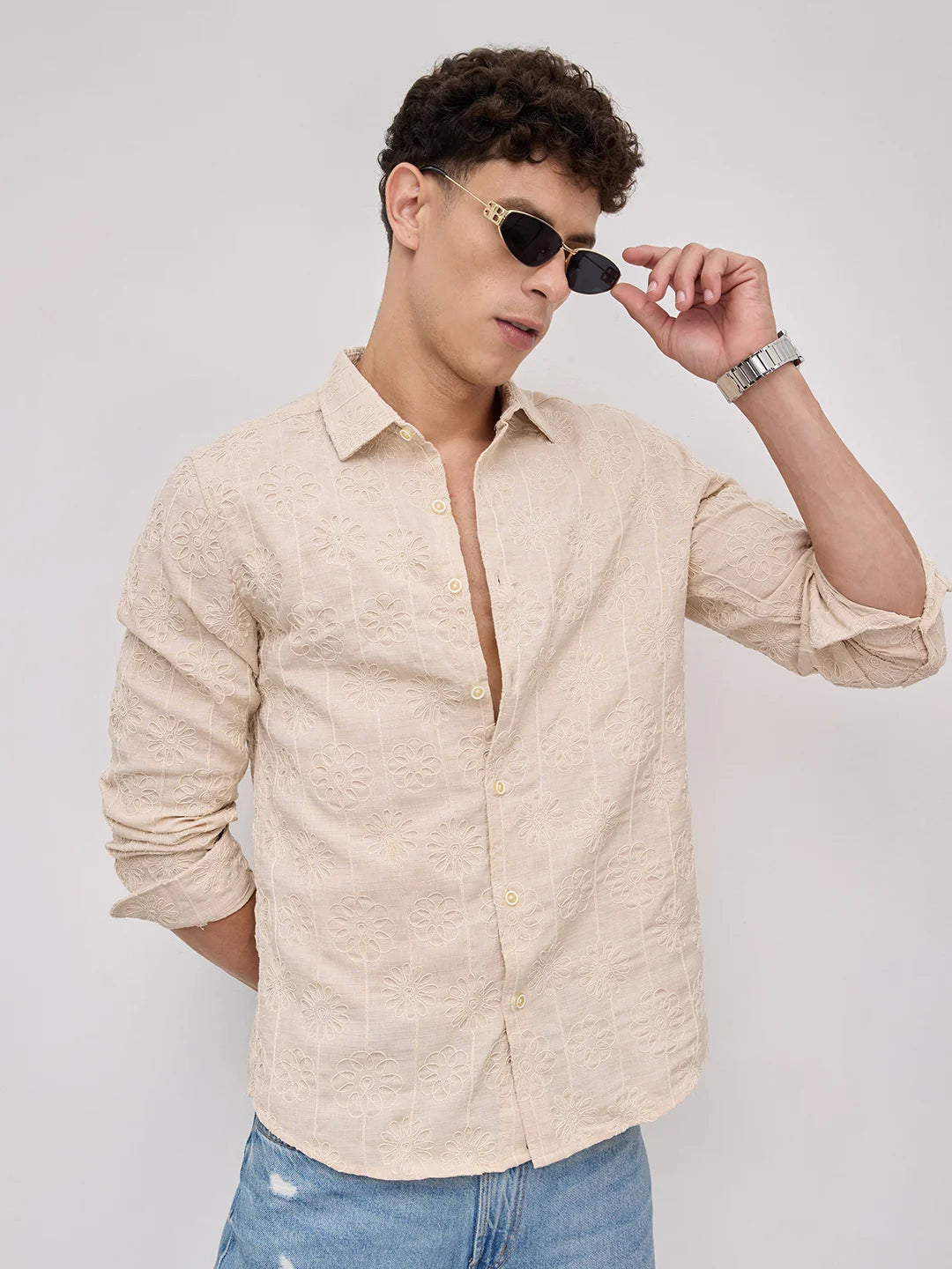 Serene Whispering Bloom Bisque Beige Embroidered Shirt