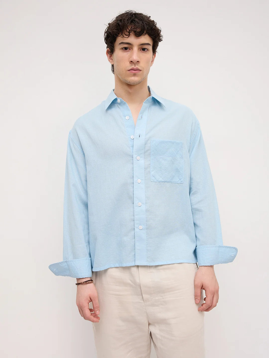 Sheer Blue Gingham Checks Boxy Fit Crop Shirt