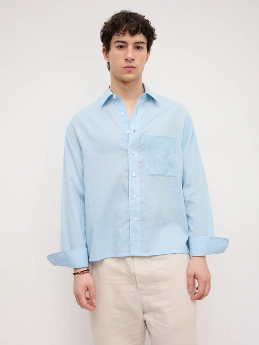 Sheer Blue Gingham Checks Boxy Fit Crop Shirt