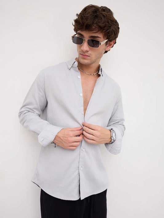 Cloud Grey Herringbone Textured Button-Down Shirt