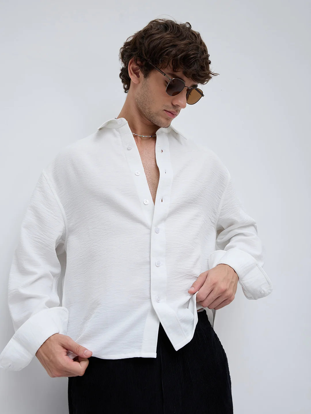 Snow White Crinkled Weave Boxy Fit Crop Shirt