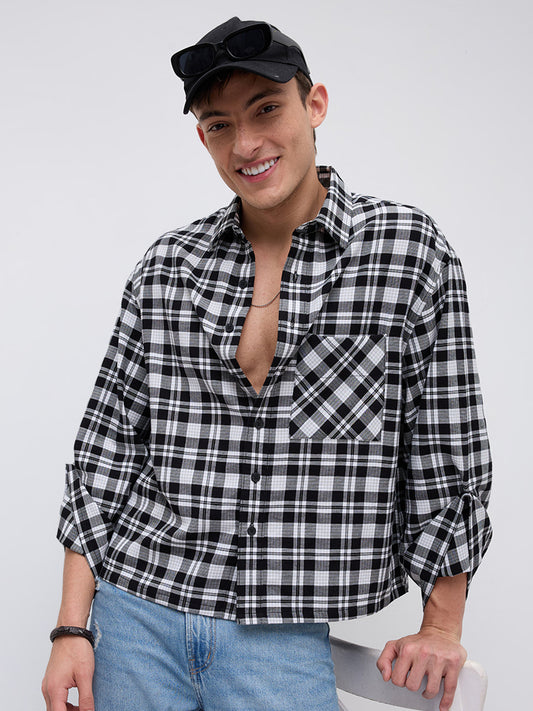 Timeless Monochrome Plaid Checks Cuffless Oversized Crop Shirt