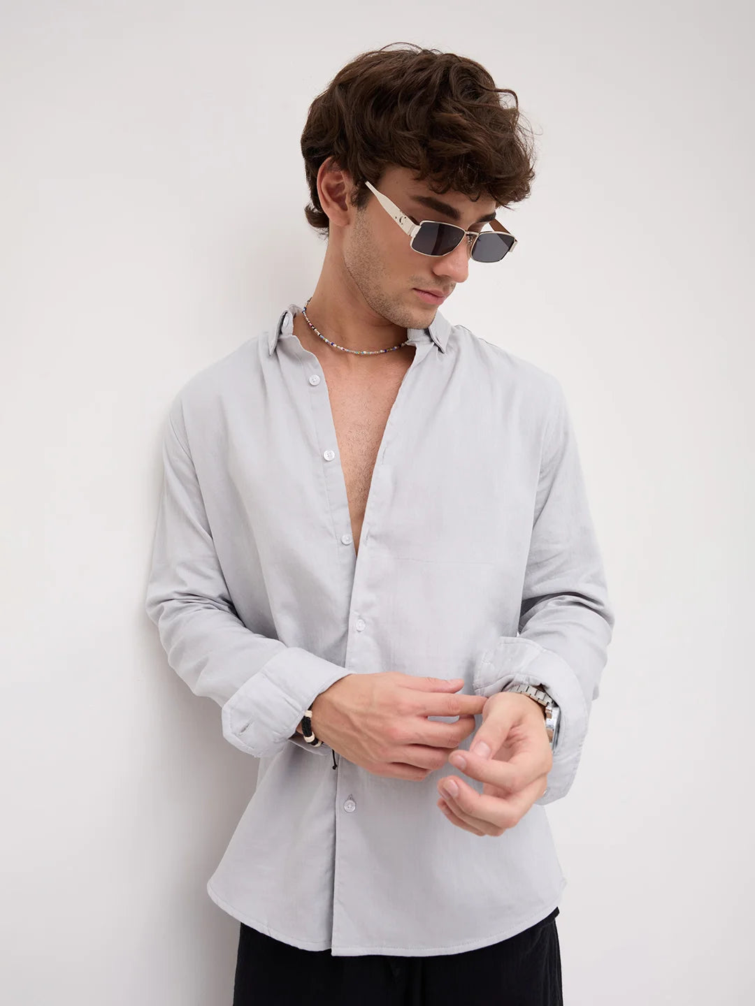 Cloud Grey Herringbone Textured Button-Down Shirt