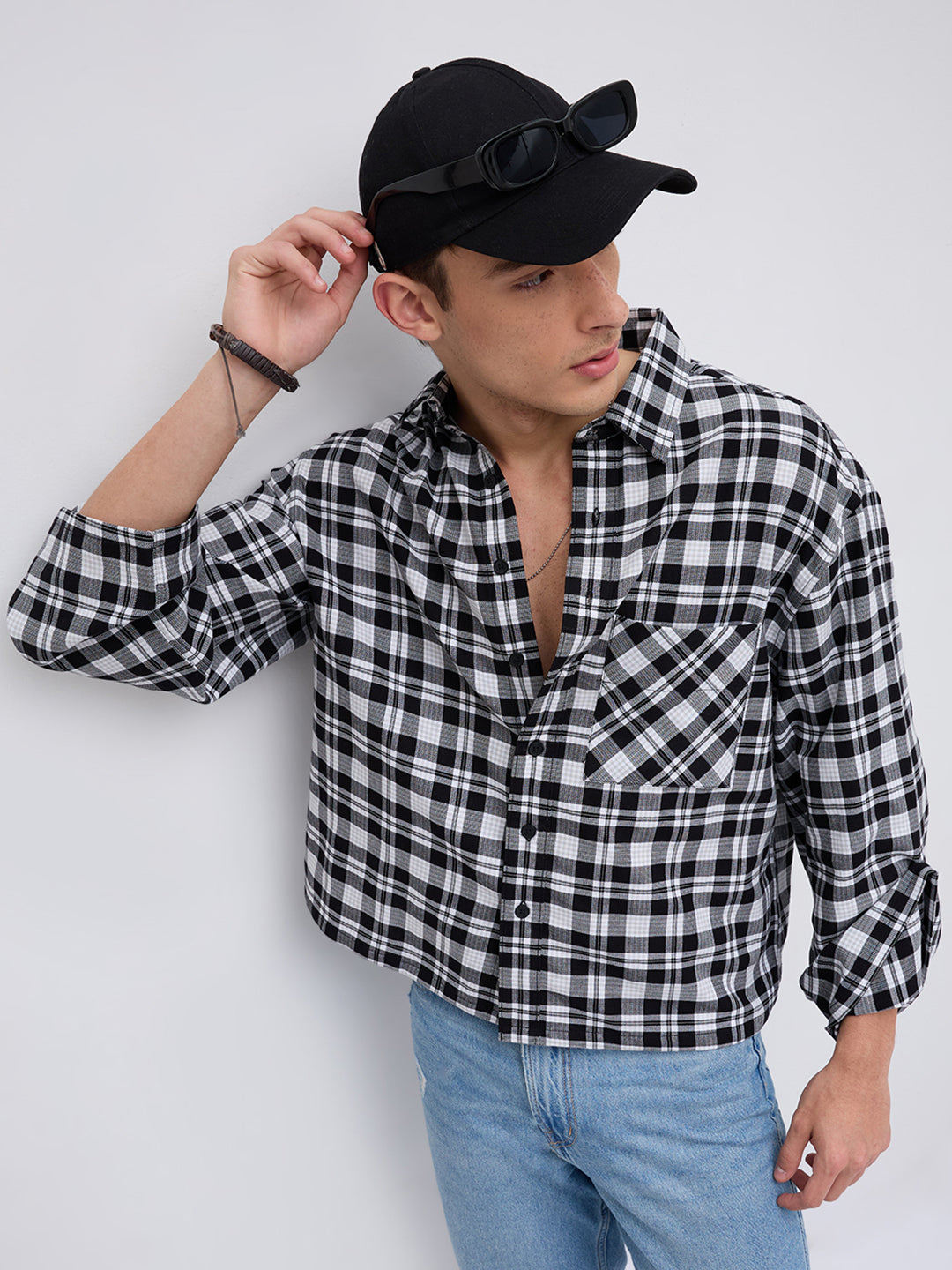 Timeless Monochrome Plaid Checks Cuffless Oversized Crop Shirt