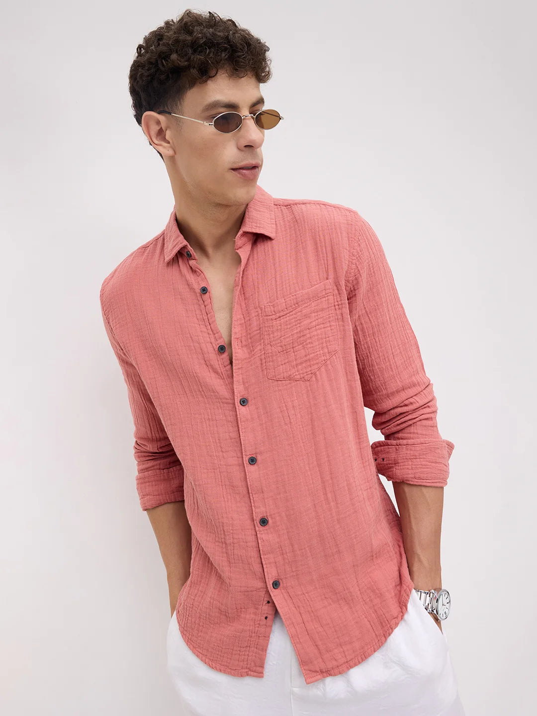 Dusty Coral Crinkled Double Cloth Shirt