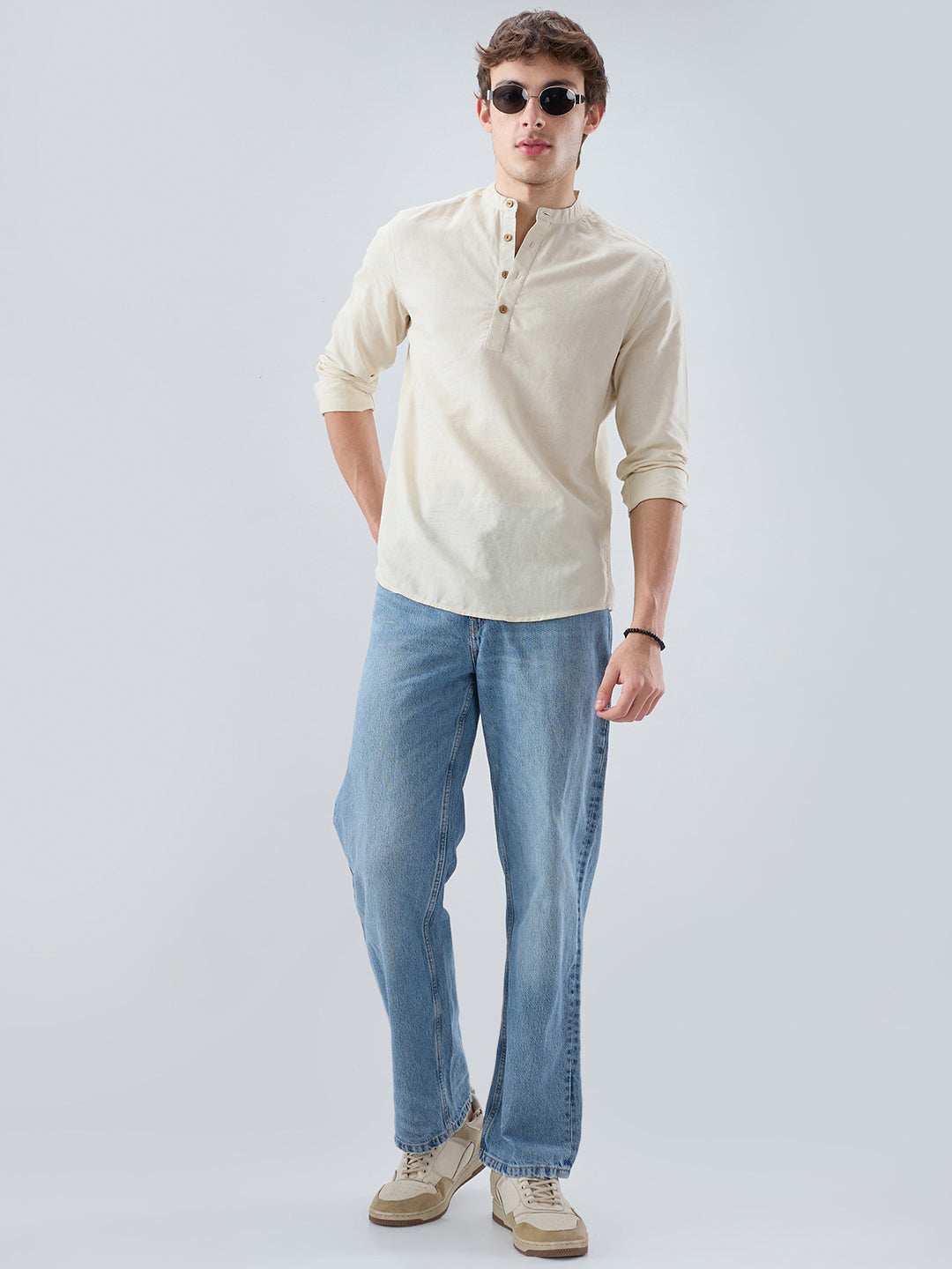 Cream Slub Textured Linen Blend Kurta