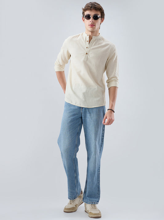 Cream Slub Textured Linen Blend Kurta