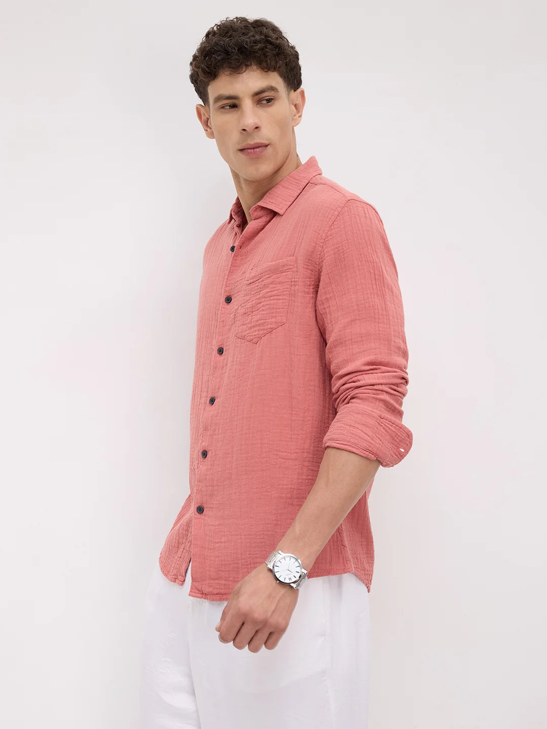 Dusty Coral Crinkled Double Cloth Shirt