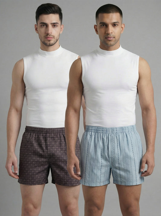 Multicolor Diamond Print & Mist Blue Linear Weave Boxers