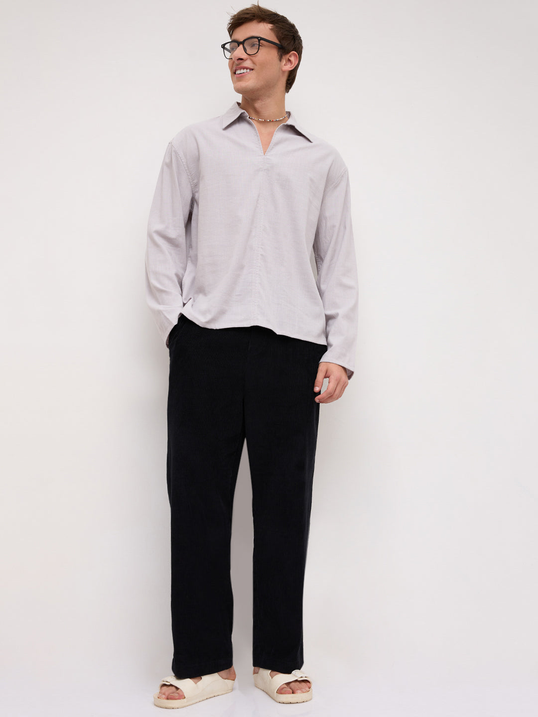 Grey Slub Textured Center Seam Oversized Polo Shirt