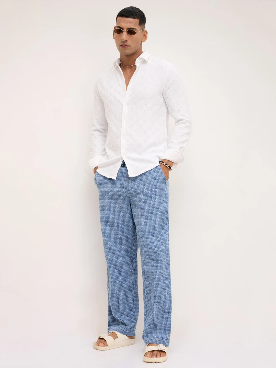 Denim Indigo Geometric Weave Straight Fit Trousers