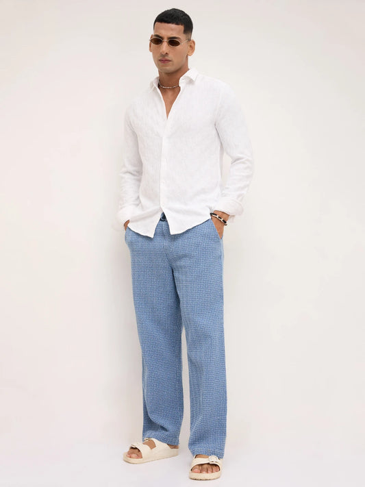 Denim Indigo Geometric Weave Straight Fit Trousers