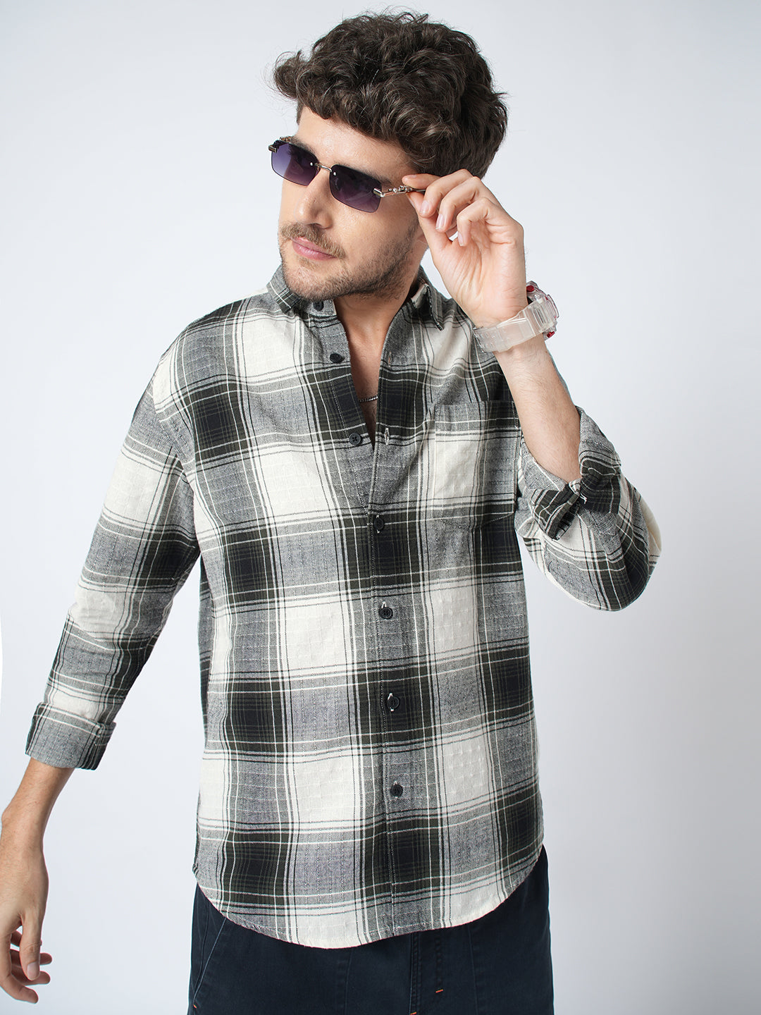 Everyday Olive Broad Checks Linen Blend Shirt