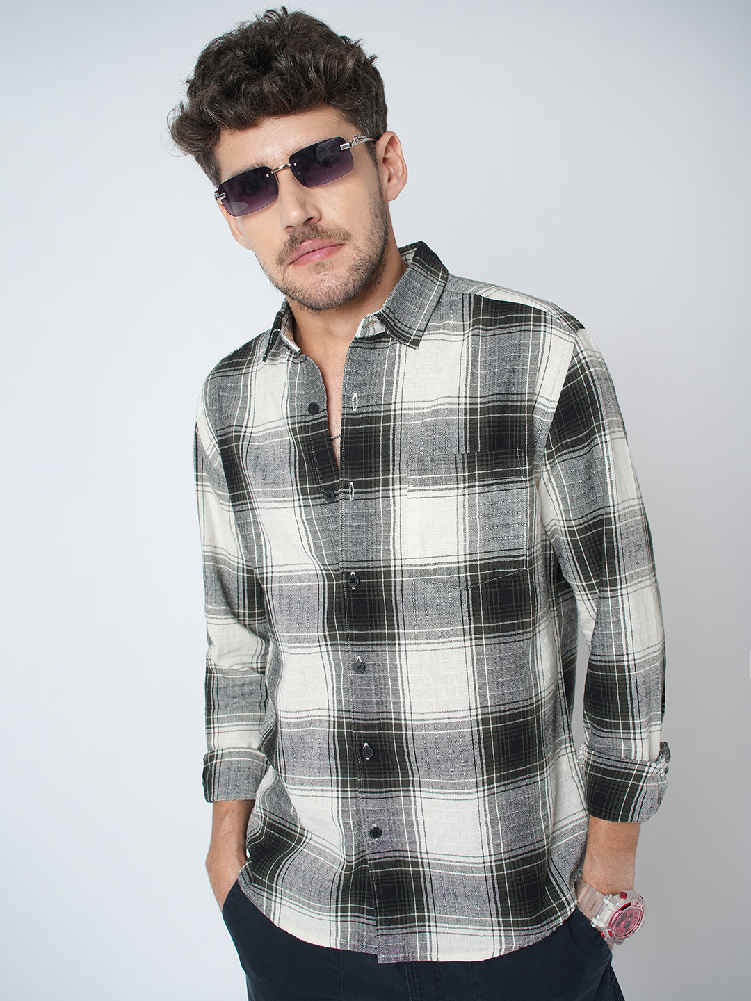 Everyday Olive Broad Checks Linen Blend Shirt