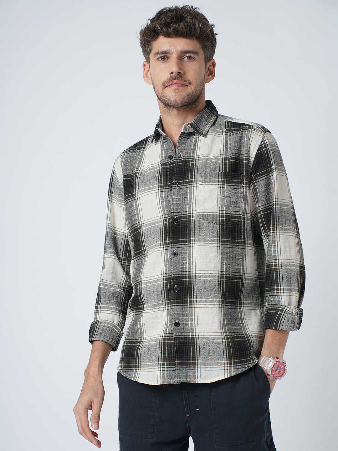 Everyday Olive Broad Checks Linen Blend Shirt