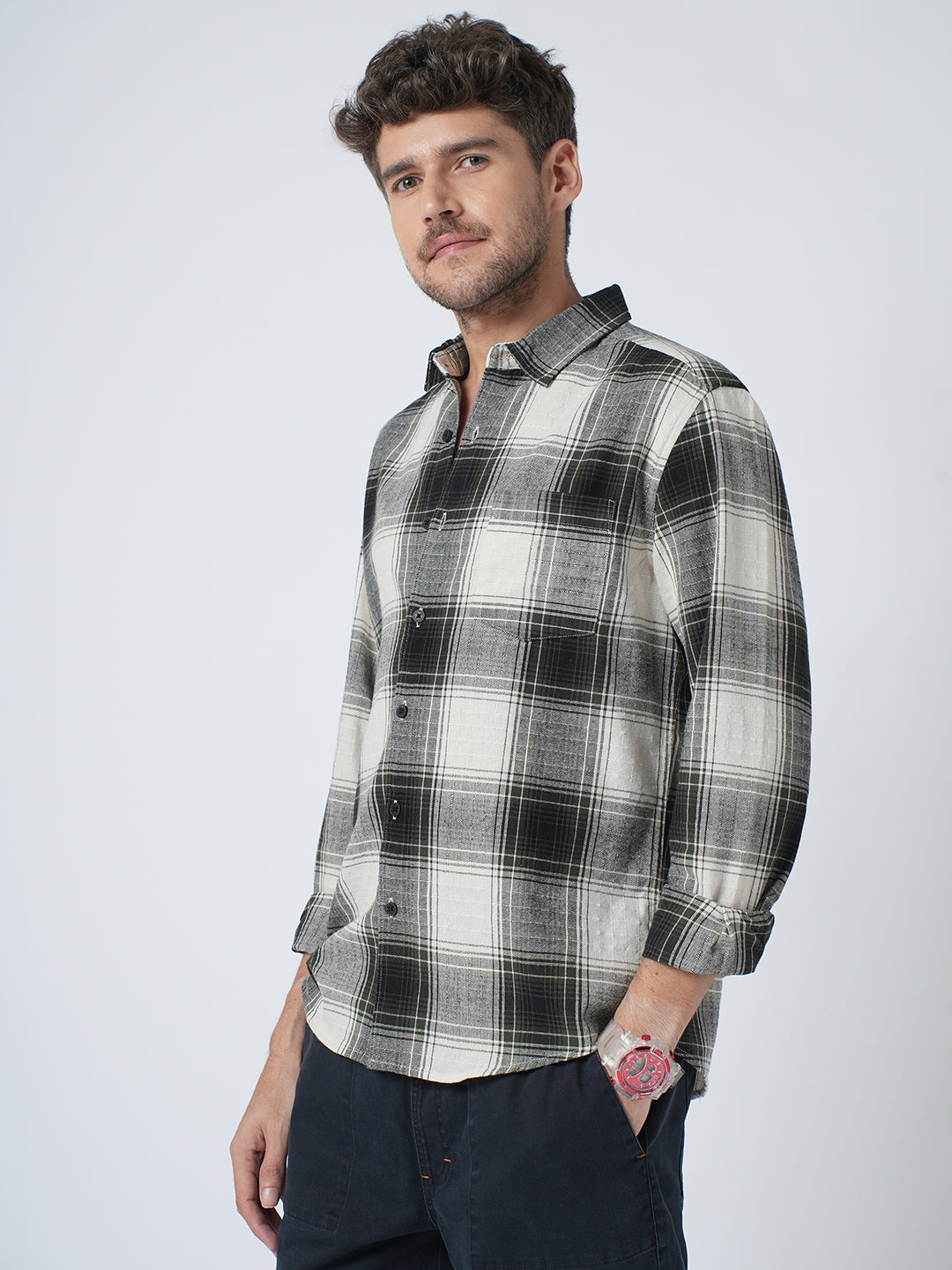 Everyday Olive Broad Checks Linen Blend Shirt