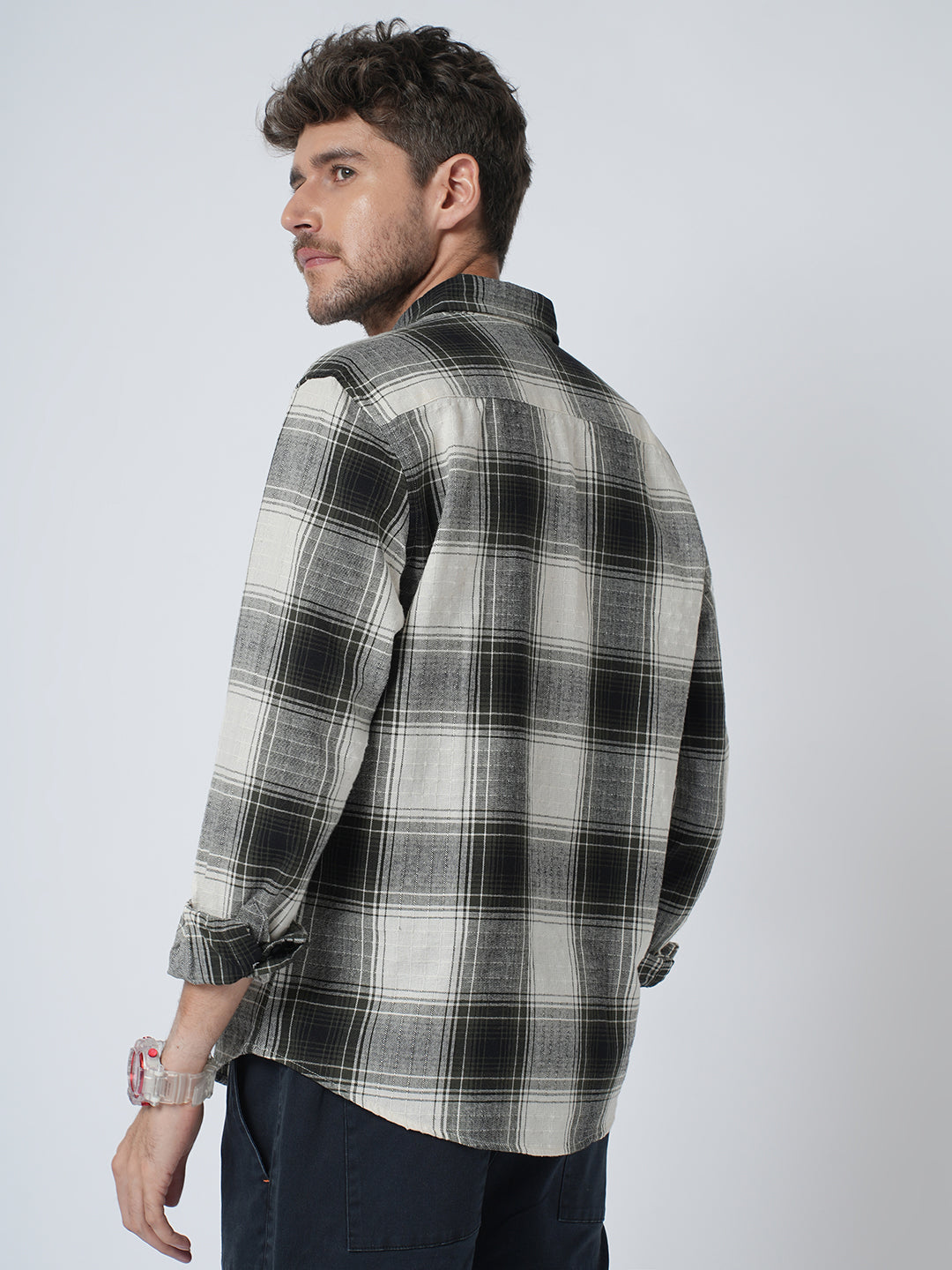 Everyday Olive Broad Checks Linen Blend Shirt