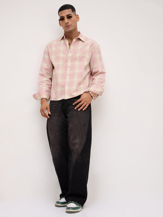 Blush Pink Block Checks Boxy Fit Crop Shirt