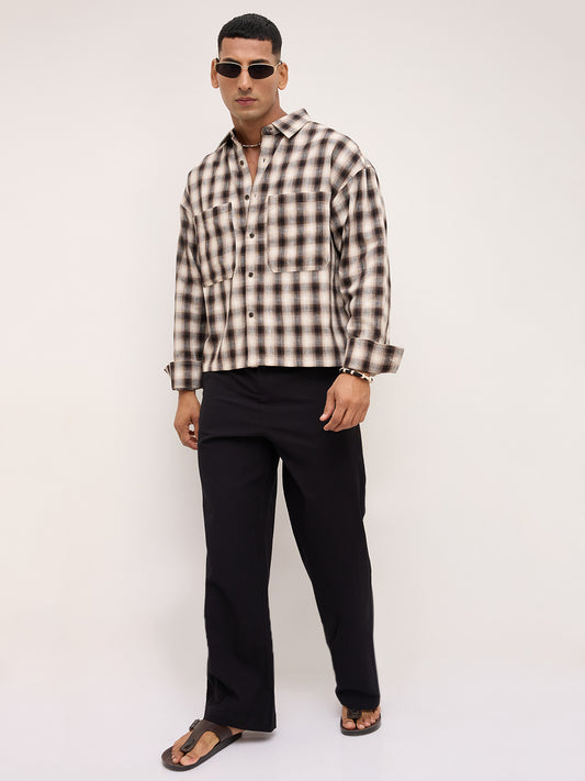 Beige & Black Tartan checks Double pocket Boxy Fit Crop Shirt