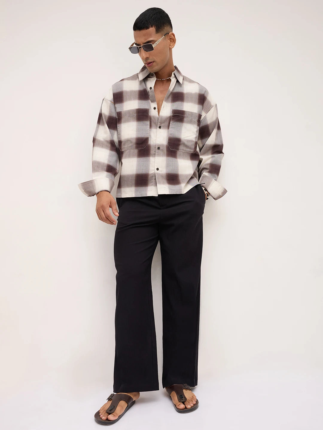 Brown & Grey Shadow Checks Boxy Fit Crop Utility Shirt
